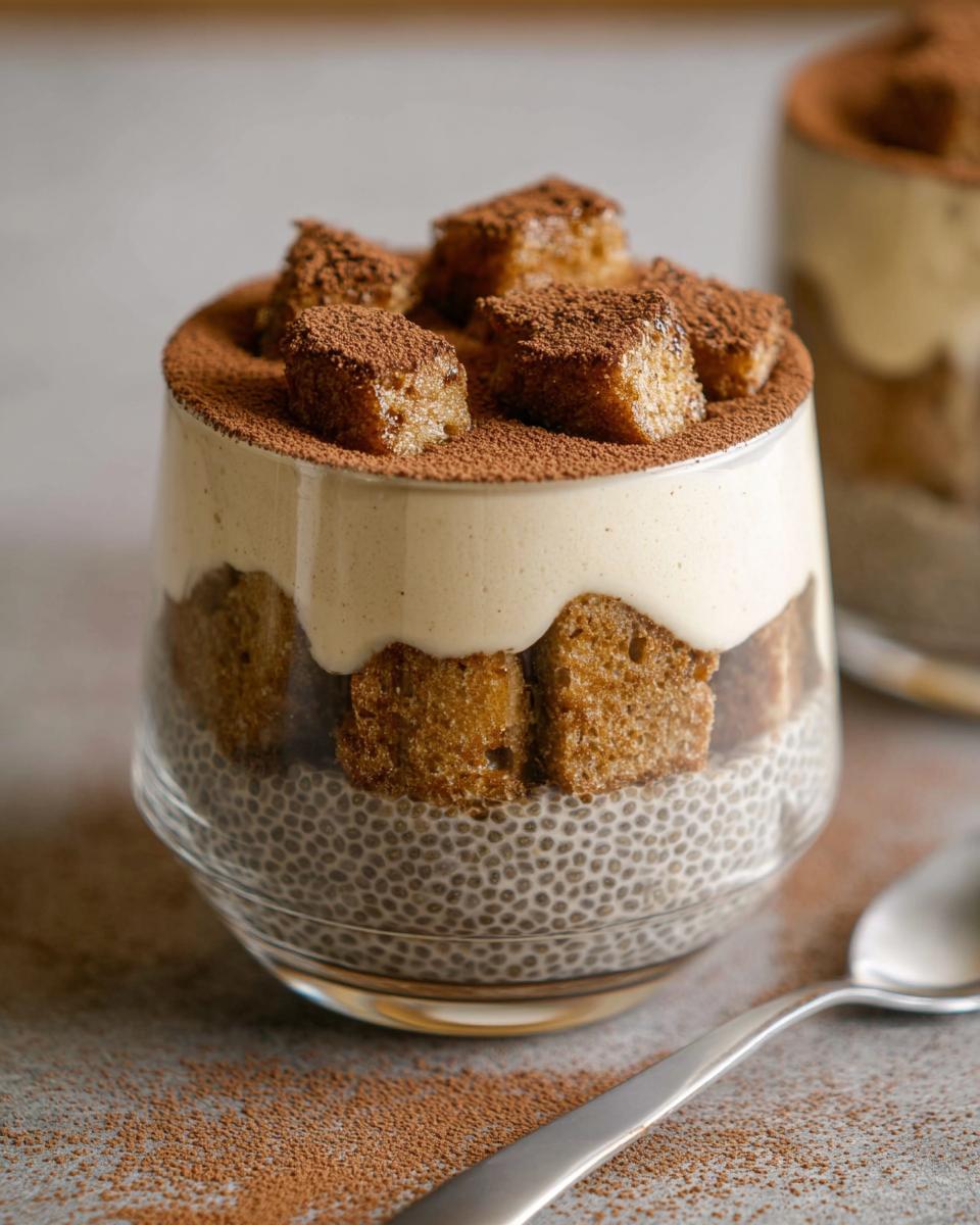 A glass of Tiramisu Chia Pudding topped with cake cubes and dusted with cocoa powder.