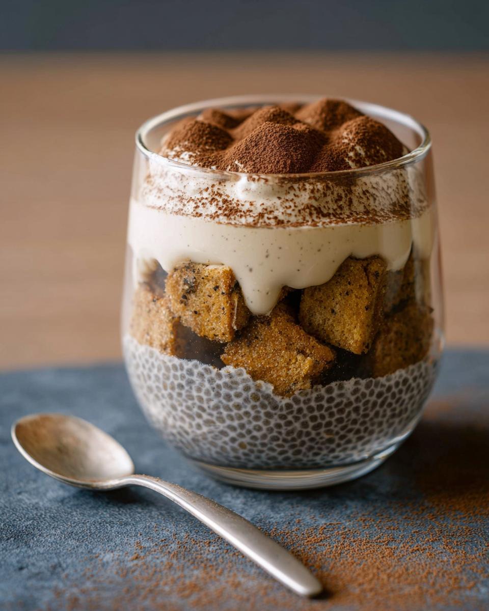 A layered Tiramisu Chia Pudding in a glass, with chia seeds, cake pieces, cream, and cocoa powder.