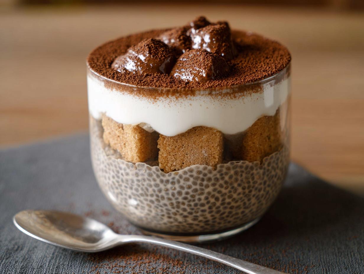 A close-up of Tiramisu Chia Pudding layered in a glass, topped with cocoa powder and cream.