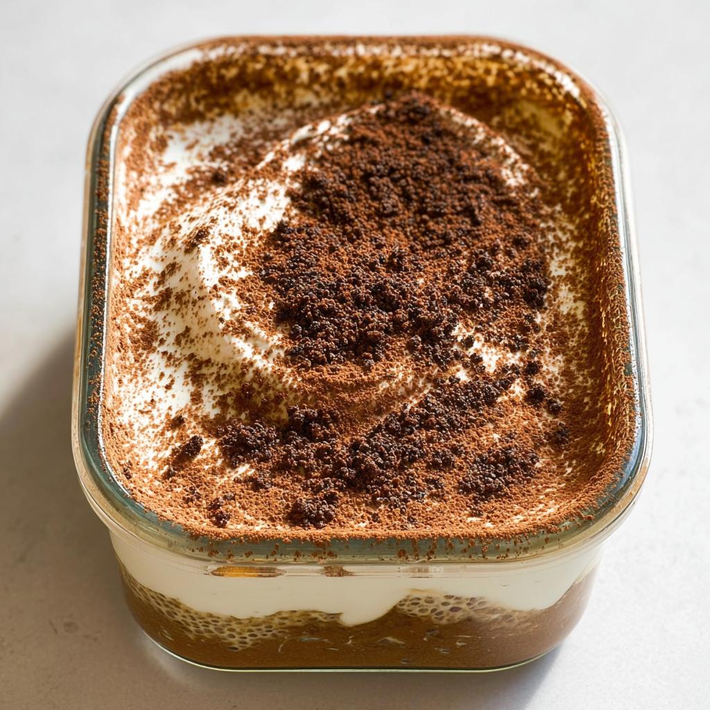 A glass container filled with Tiramisu Chia Pudding, topped with creamy yogurt and cocoa powder.