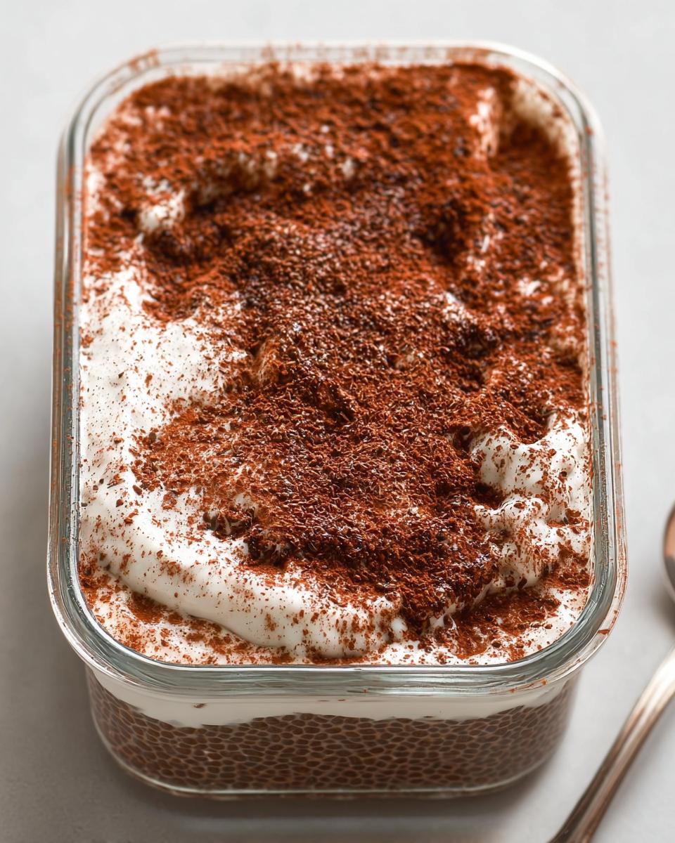 Close-up of Tiramisu Chia Pudding with Greek Yogurt, topped with whipped cream and cocoa powder in a glass container.