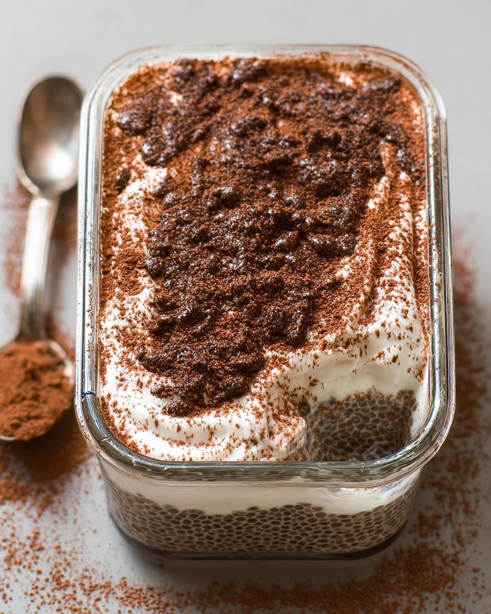 A glass container filled with Tiramisu Chia Pudding With Greek Yogurt, topped with cocoa powder and a spoon nearby.