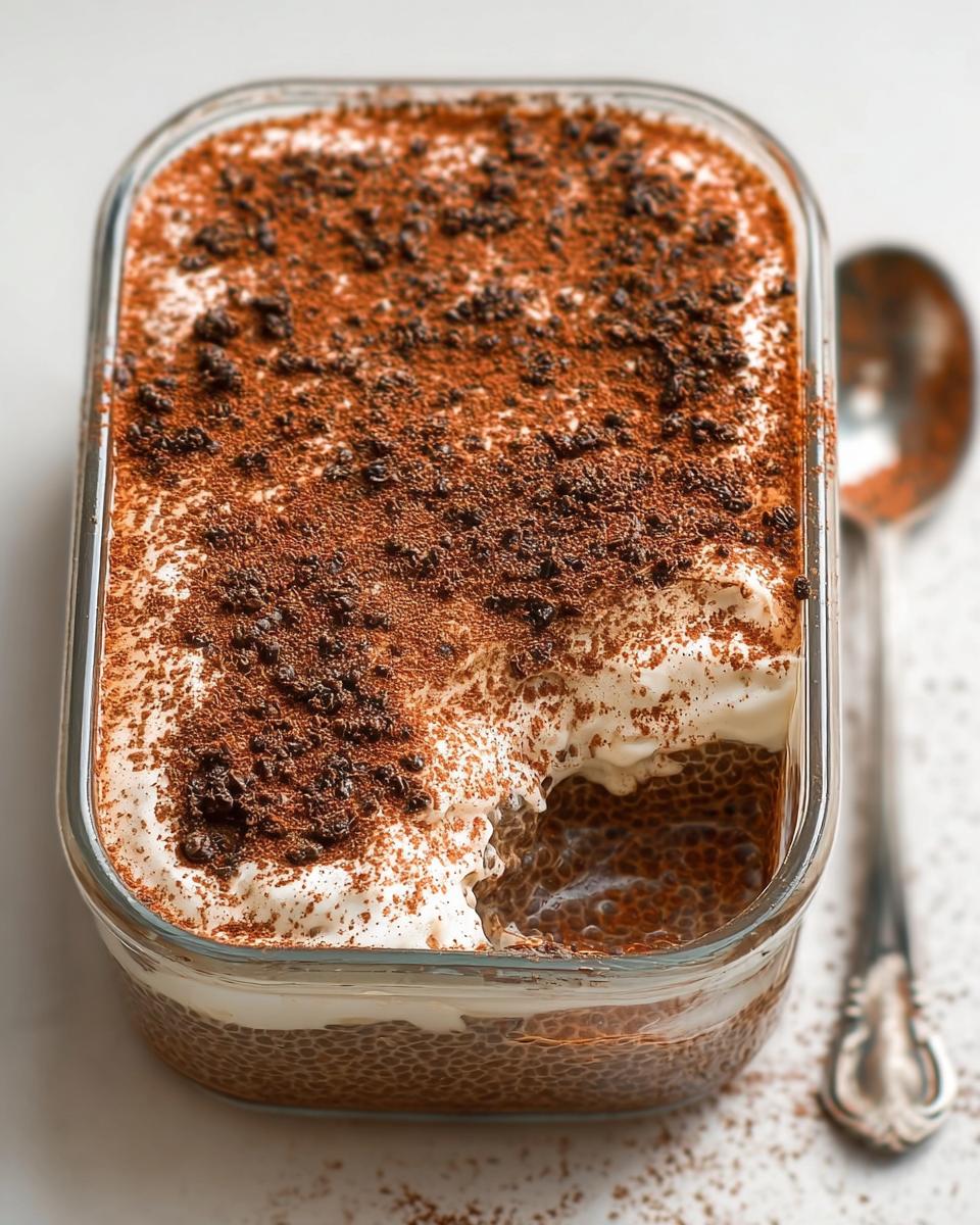 Close-up of Tiramisu Chia Pudding With Greek Yogurt, topped with cocoa powder and a spoon.