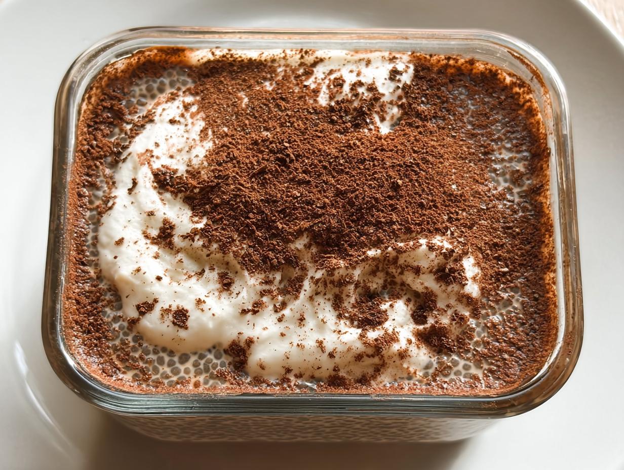 A close-up of Tiramisu Chia Pudding with Greek Yogurt, topped with whipped cream and cocoa powder.
