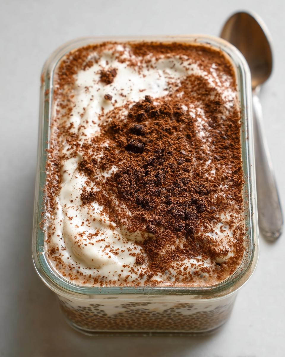 Close-up of Tiramisu Chia Pudding with Greek Yogurt in a glass container, topped with cocoa powder.
