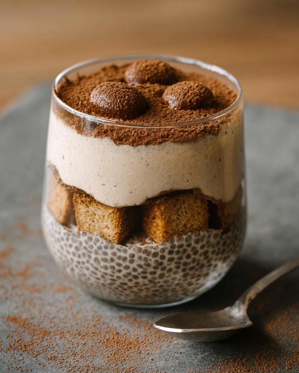 A layered Tiramisu Chia Pudding in a glass, featuring chia pudding, cake cubes, creamy filling, and cocoa powder.