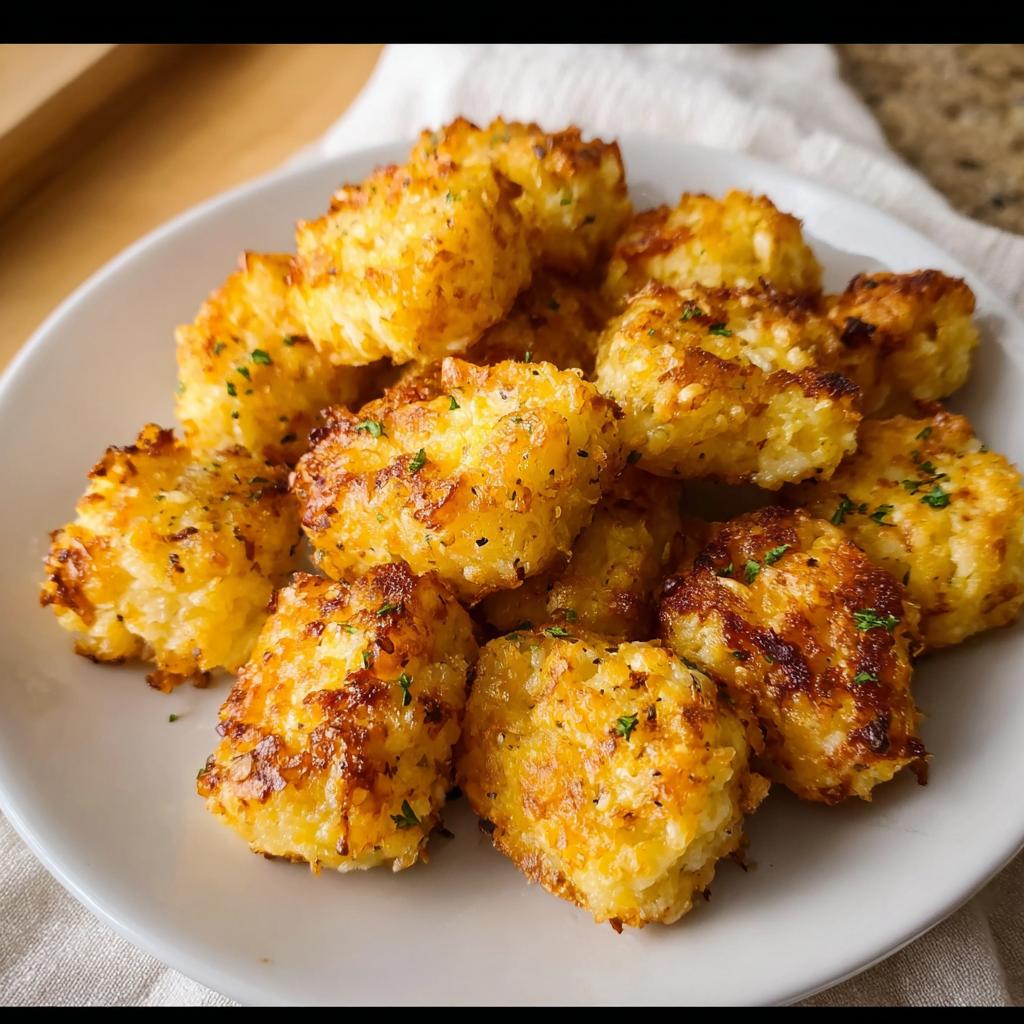 A pile of golden-brown Two Ingredient Cottage Cheese Tots sprinkled with parsley on a white plate.