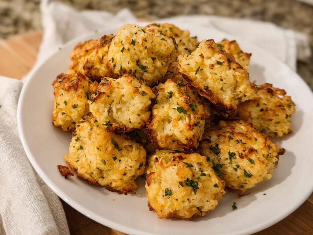 A pile of golden brown Two Ingredient Cottage Cheese Tots sprinkled with fresh parsley on a white plate.