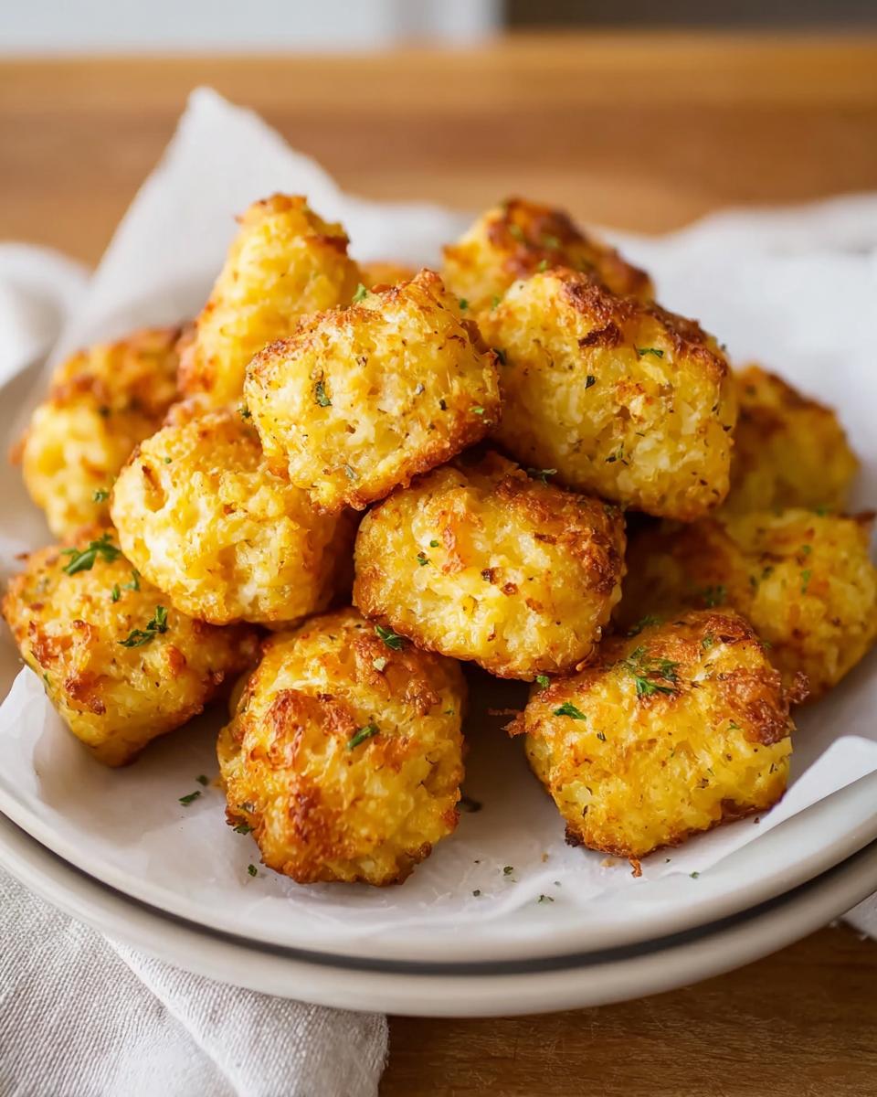 A pile of golden brown, crispy Two Ingredient Cottage Cheese Tots sprinkled with parsley.