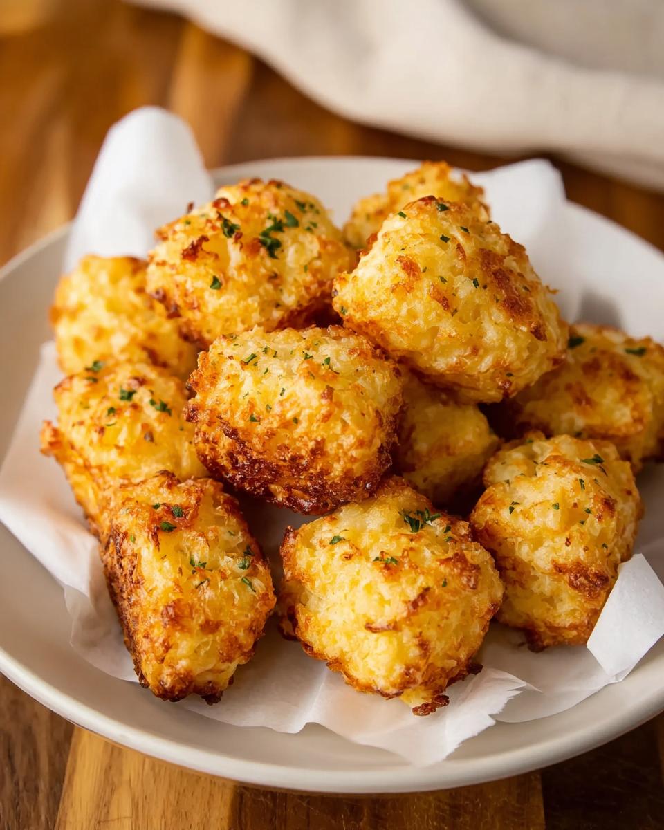 A pile of golden brown Two Ingredient Cottage Cheese Tots sprinkled with fresh parsley on a white plate.