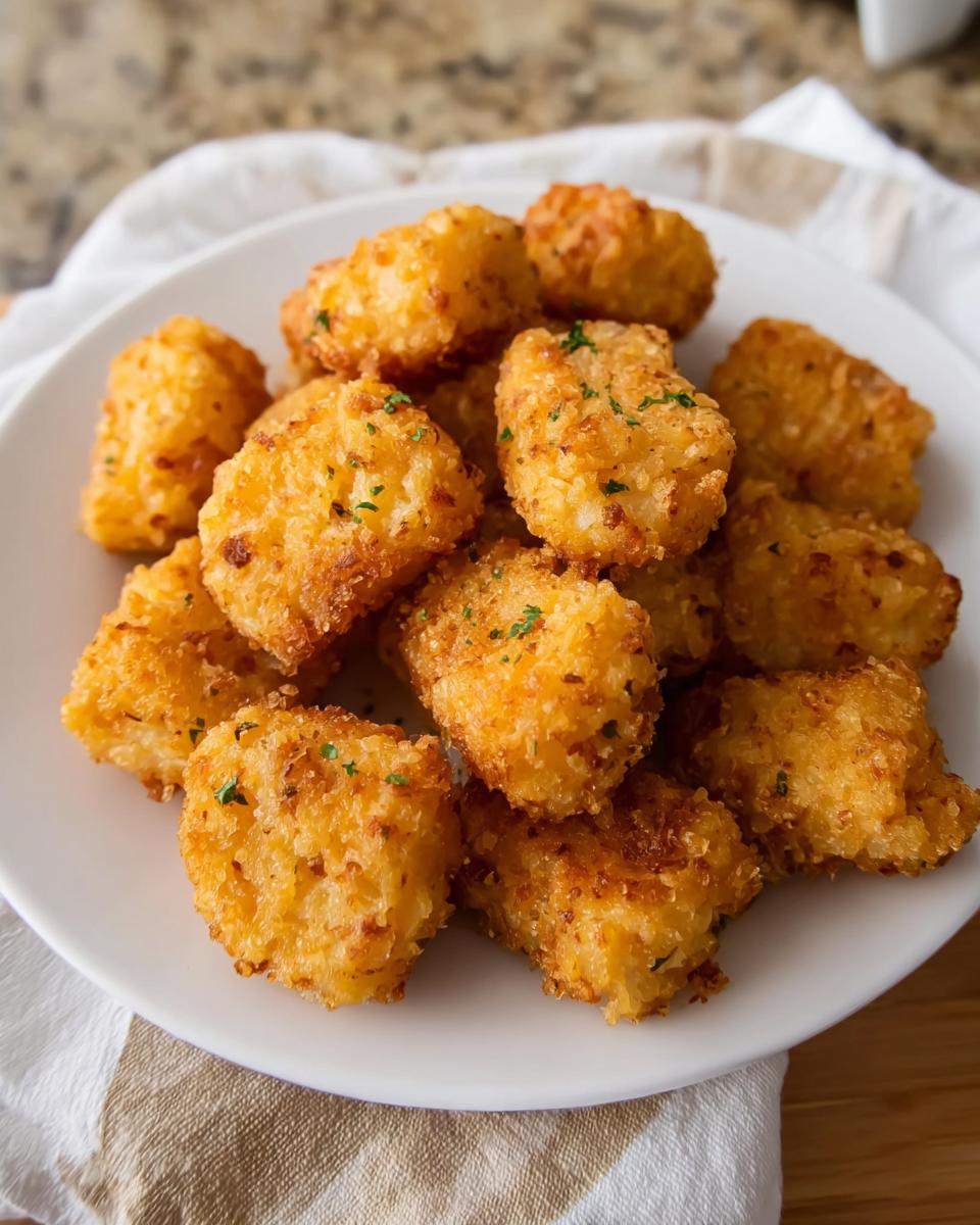 A pile of golden brown, crispy Two Ingredient Cottage Cheese Tots sprinkled with parsley on a white plate.