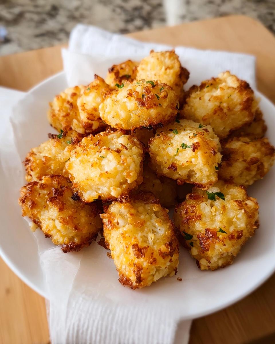 A pile of golden brown Two Ingredient Cottage Cheese Tots, sprinkled with parsley, on a white plate.