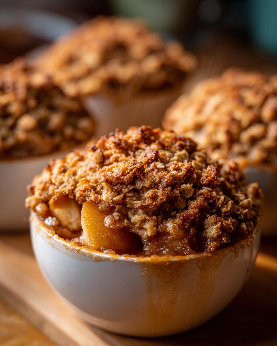 Close-up of individual servings of warm apple crisp, showing tender apples and a buttery crumble topping.