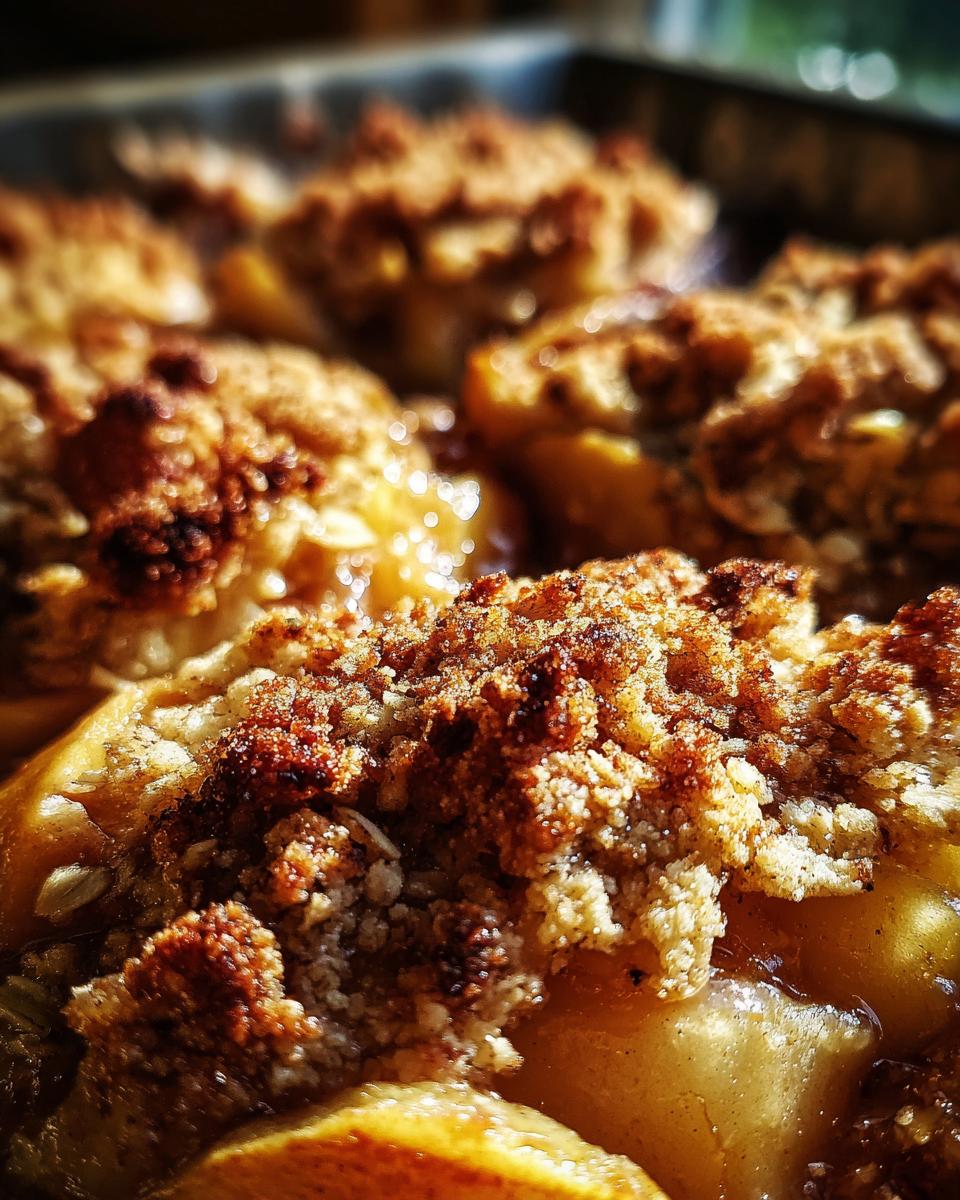 Close-up of a warm and buttery apple crisp, showing the golden-brown crumble topping and baked apple filling.