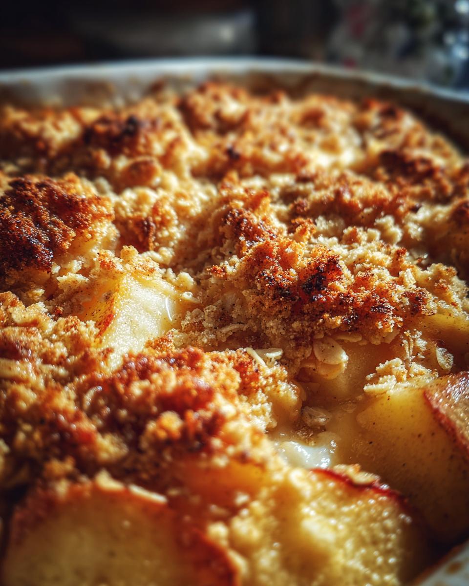 Close-up of a golden brown, baked apple crisp with a crumbly topping, showcasing warm and buttery dessert recipes.