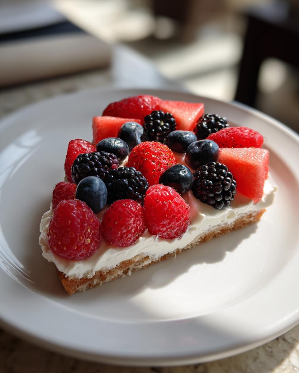 A slice of berry fruit pizza with watermelon, topped with cream cheese and fresh berries.
