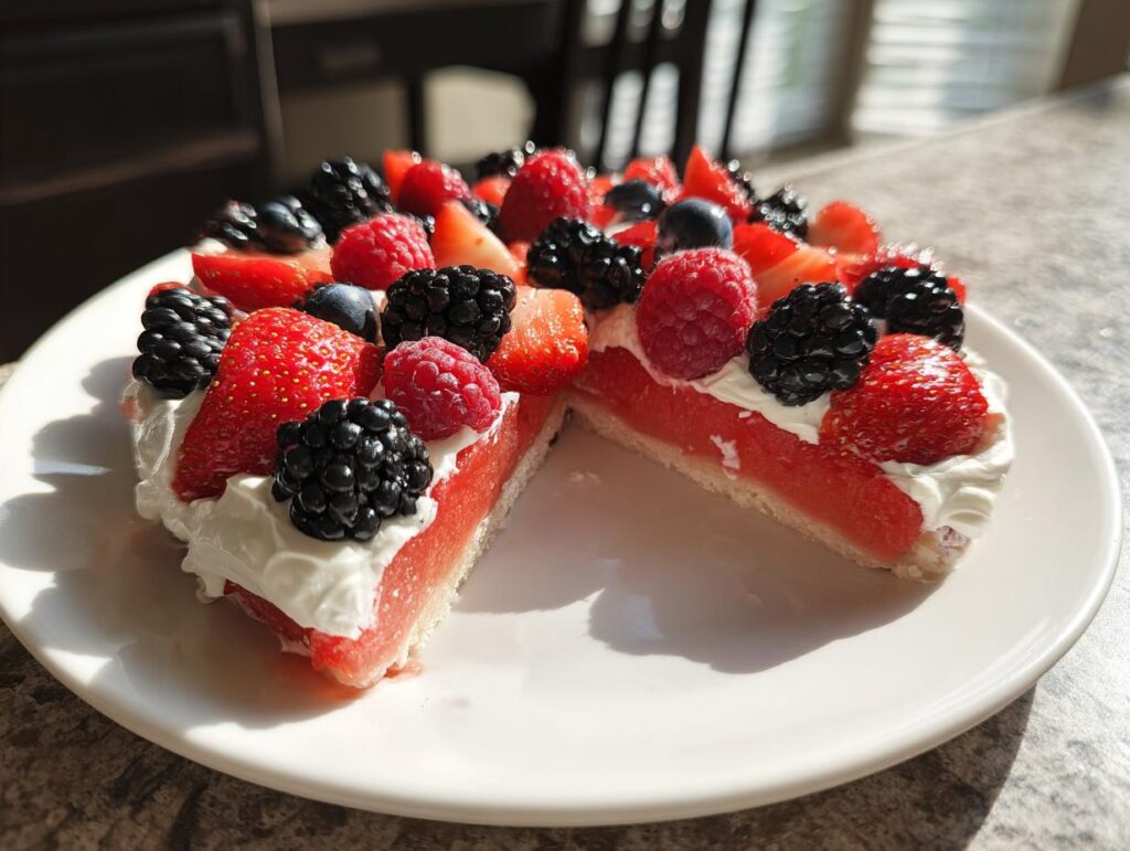 A slice of watermelon berry fruit pizza topped with fresh strawberries, blackberries, raspberries, and blueberries.
