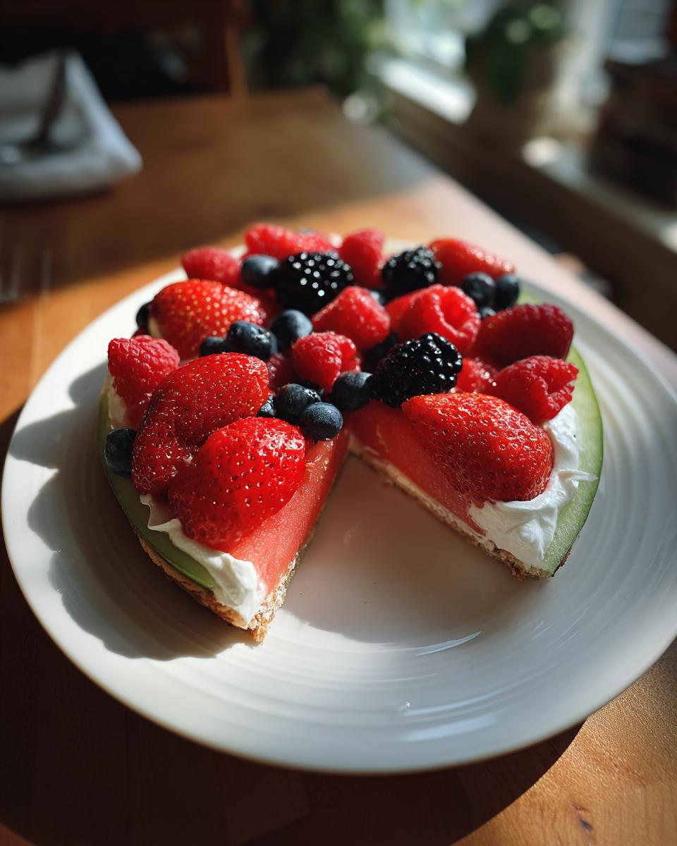 A slice of watermelon fruit pizza topped with whipped cream and mixed berries like strawberries, blueberries, raspberries, and blackberries.