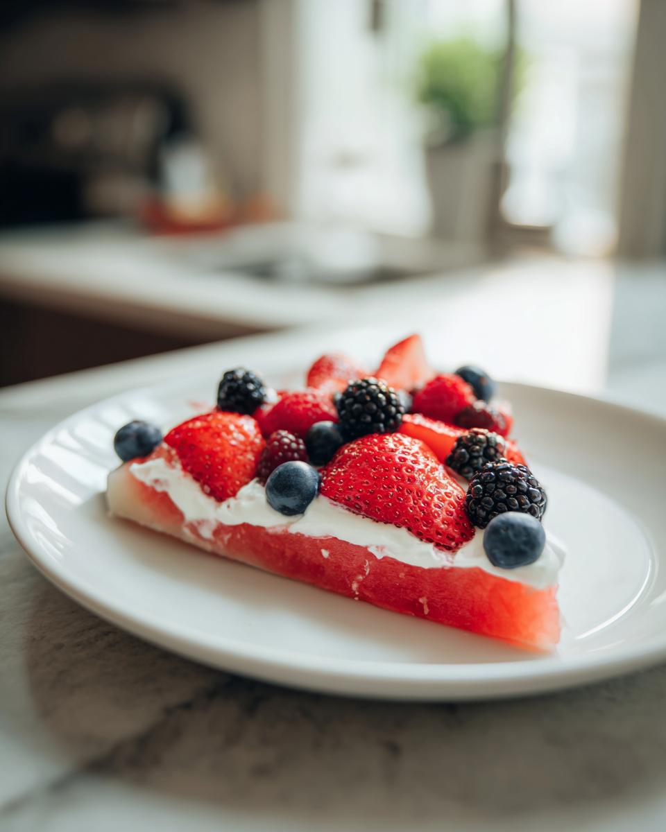 A slice of watermelon topped with whipped cream and fresh berries, a perfect summer dessert.
