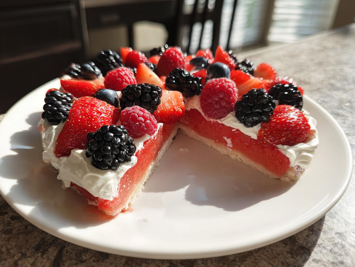 A slice of watermelon berry fruit pizza topped with fresh strawberries, blackberries, raspberries, and blueberries.