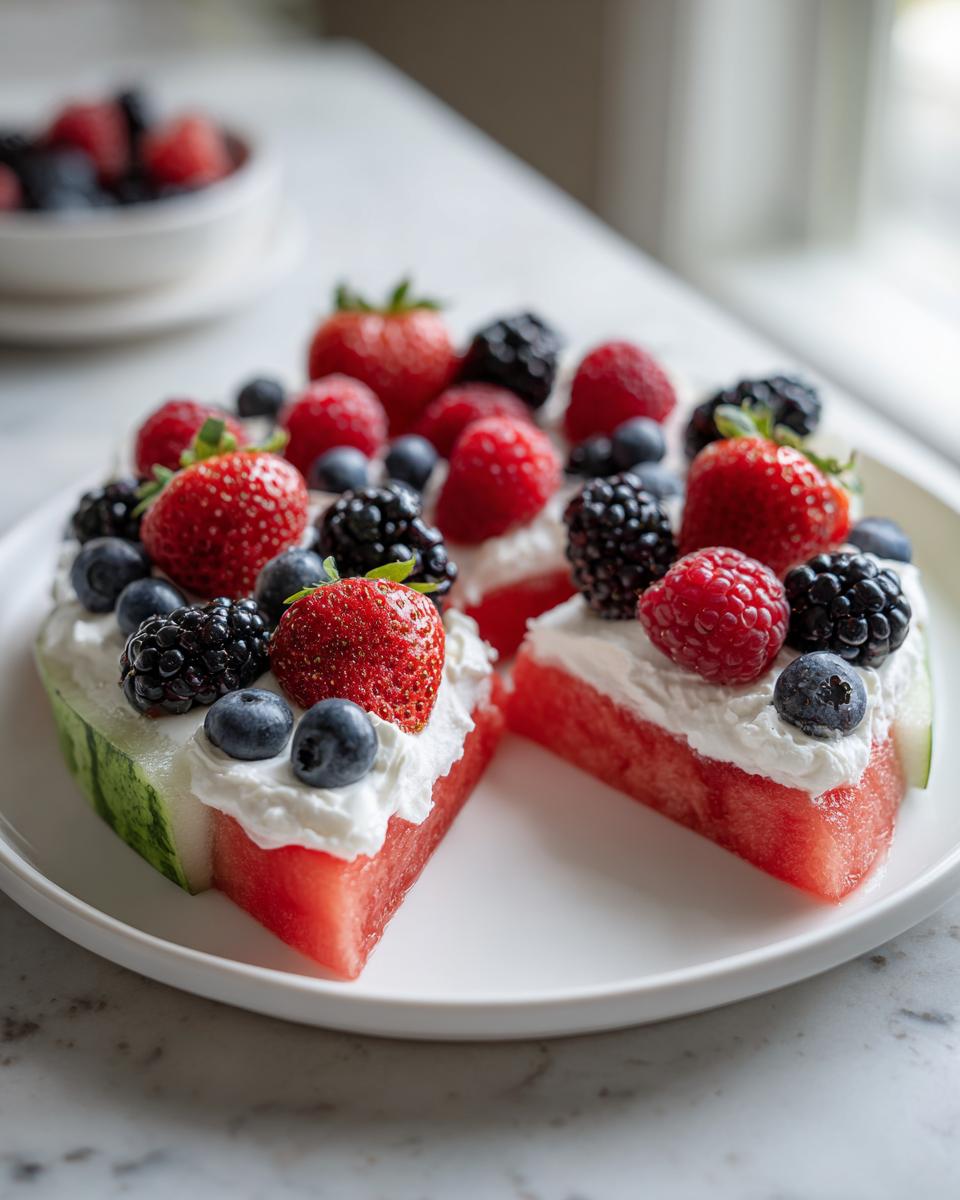 Watermelon slices topped with whipped cream and fresh berries, resembling a fruit pizza.