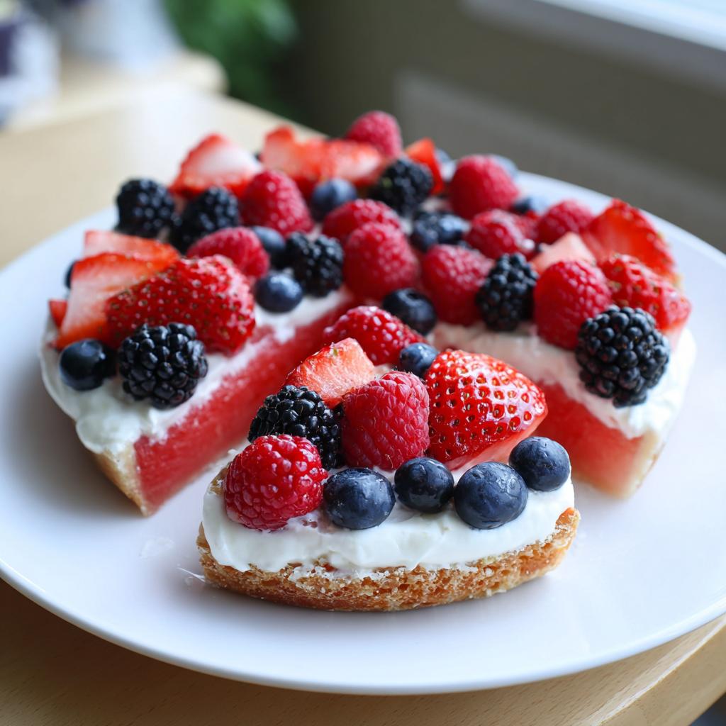 A refreshing watermelon pizza topped with cream cheese and fresh berries like strawberries, blueberries, raspberries, and blackberries.