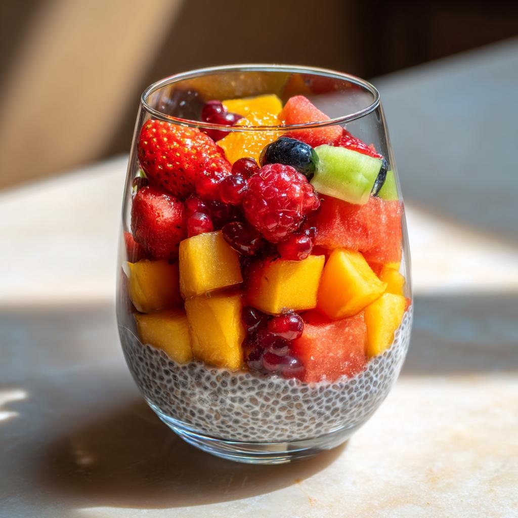 A refreshing glass of chia parfait layered with watermelon, mango, strawberries, raspberries, and blueberries.