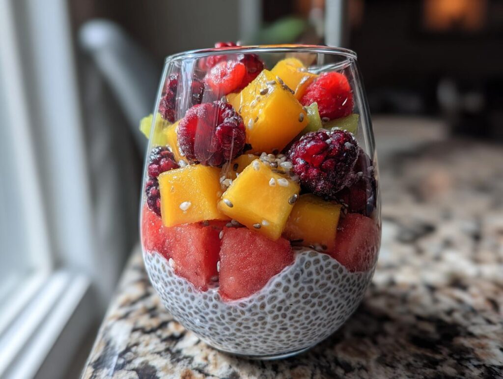 A refreshing Watermelon Chia Parfait layered with fresh fruit like mango, raspberries, and kiwi.