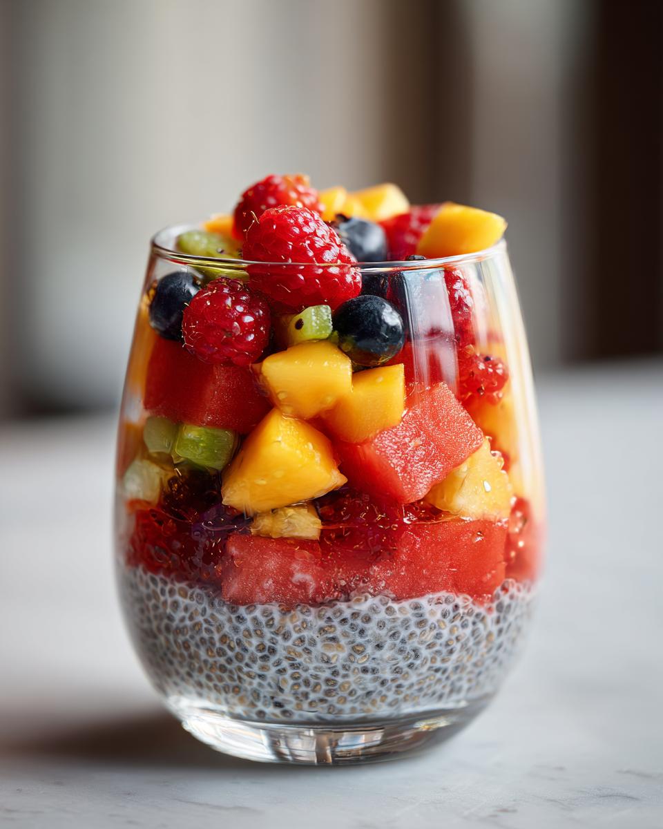 A refreshing glass parfait layered with chia pudding, watermelon, mango, blueberries, and raspberries.
