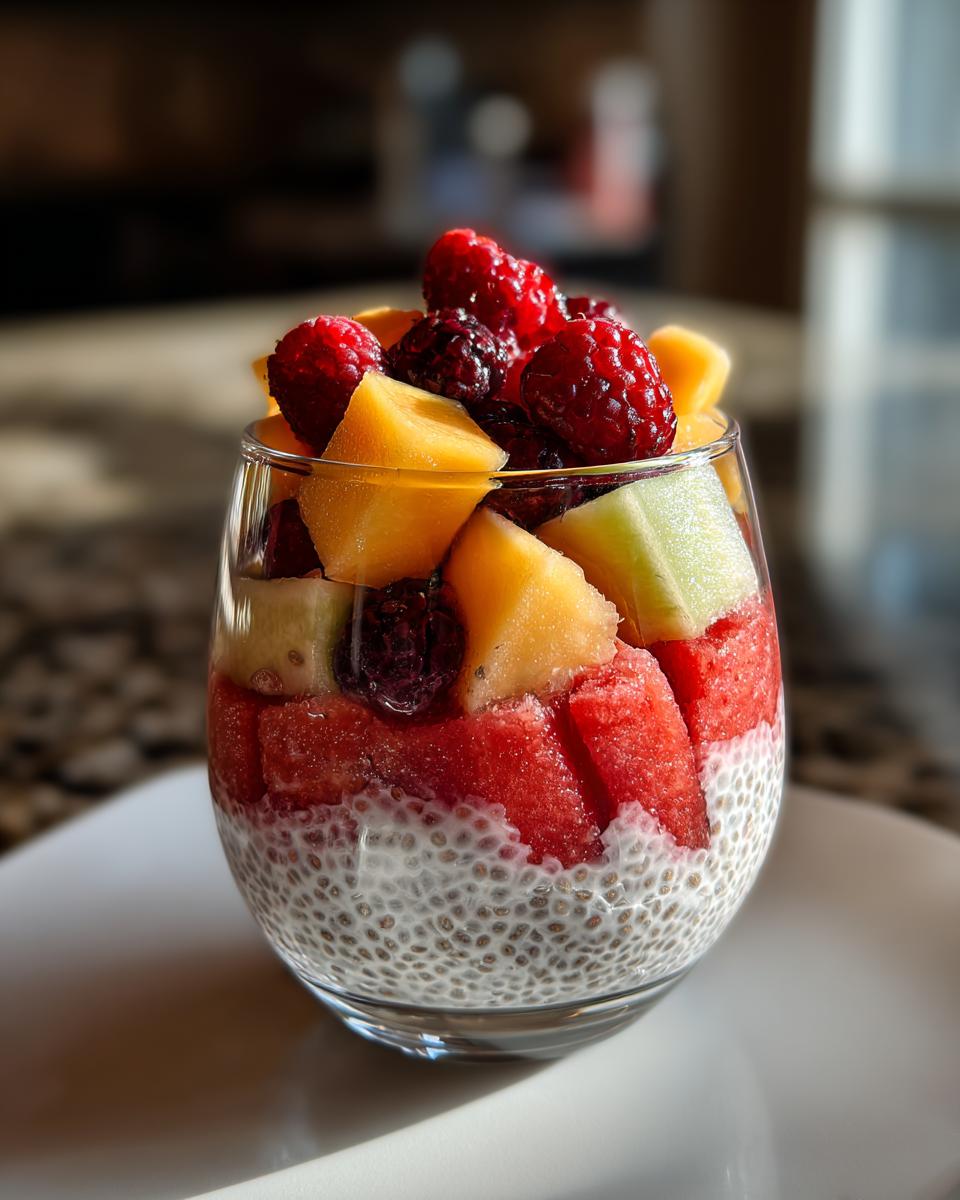 A refreshing chia parfait layered with watermelon, cantaloupe, honeydew, raspberries, and blackberries.