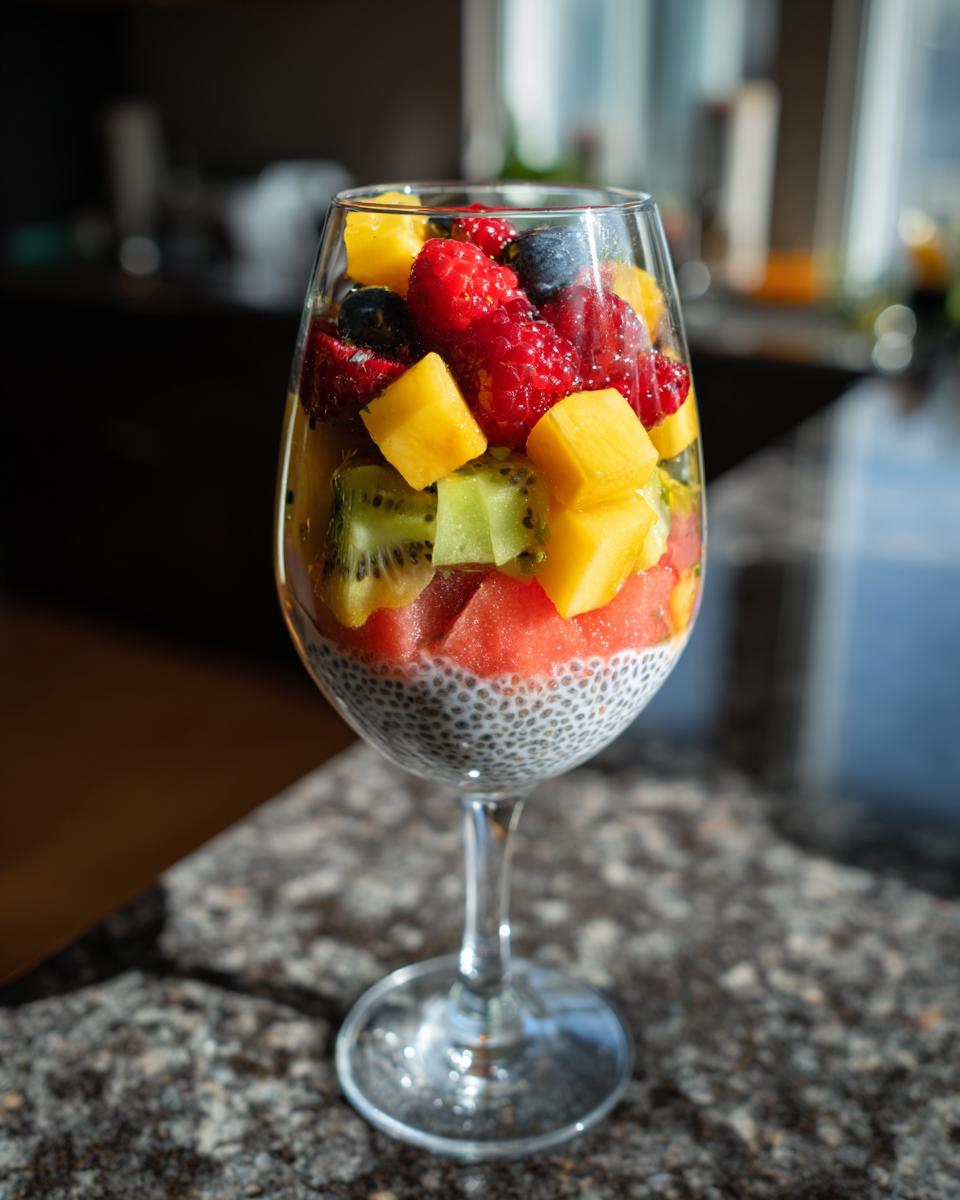 A layered chia parfait in a wine glass featuring watermelon, kiwi, mango, raspberries, and blueberries.