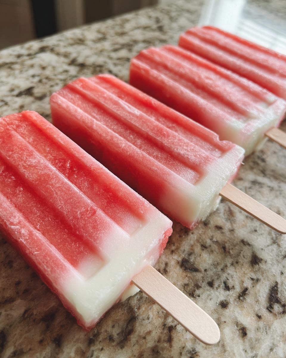 Close-up of refreshing watermelon and coconut lime popsicles lined up on a granite countertop.