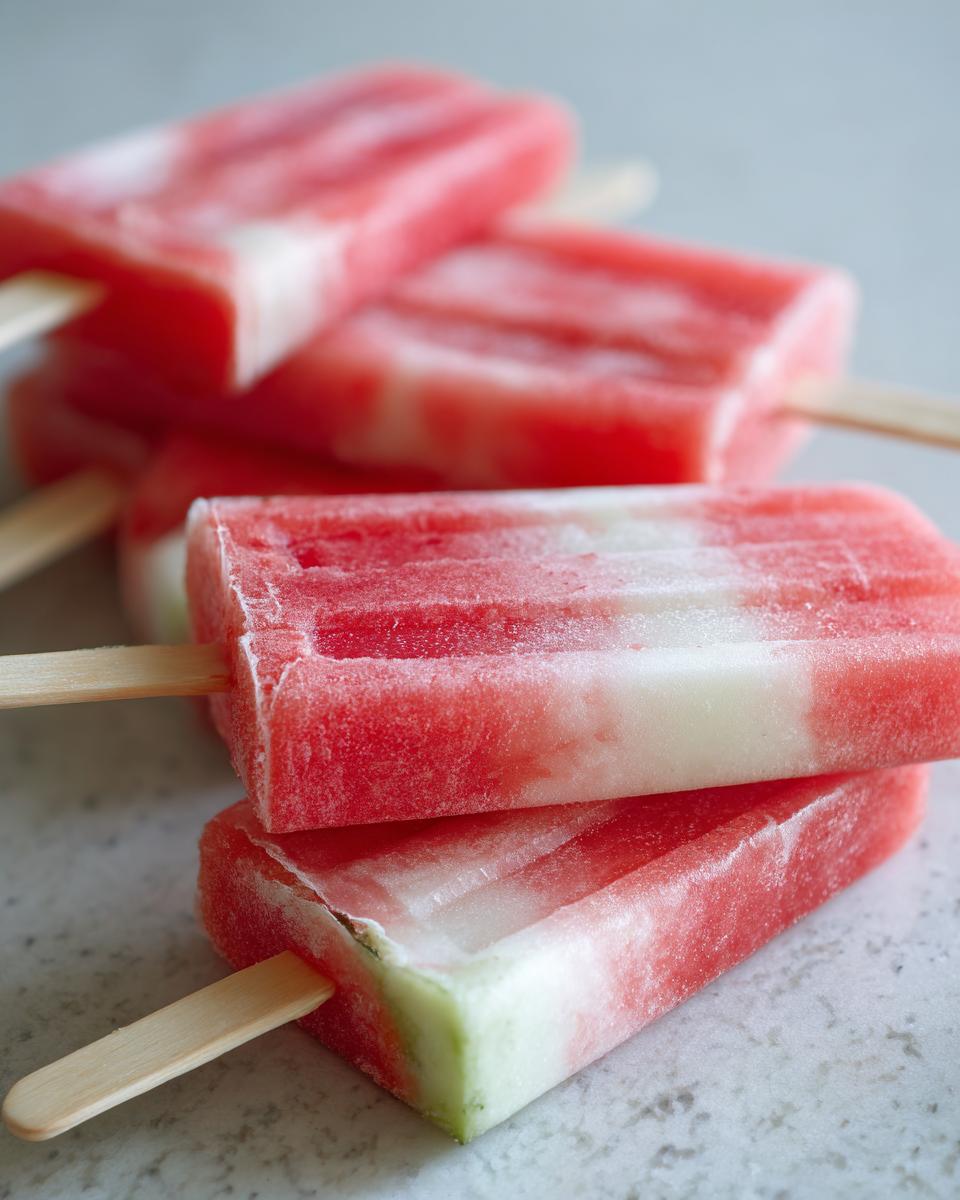 Close-up of refreshing watermelon recipes with coconut lime popsicles, showing pink watermelon and white coconut swirls.