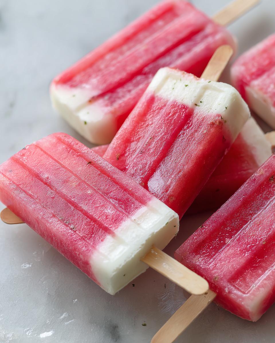Close-up of refreshing watermelon and coconut lime popsicles, perfect for kids.
