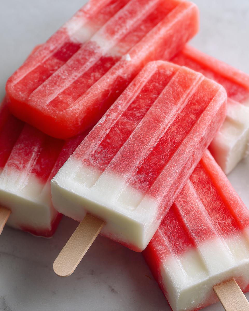 Close-up of refreshing watermelon coconut lime popsicles, perfect for kids, with a striped red and white appearance.