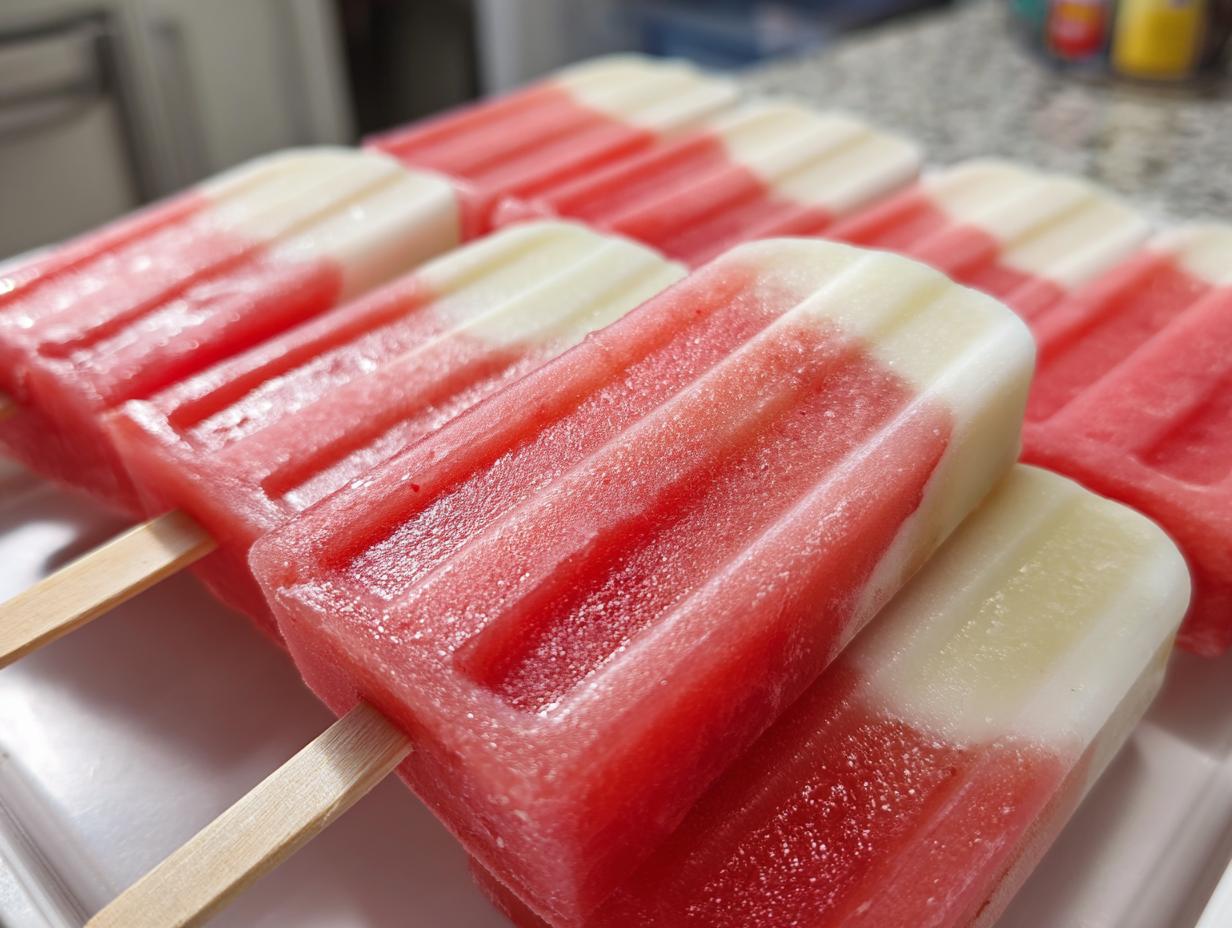 Close-up of layered watermelon and coconut lime popsicles on a white tray, perfect for kids.