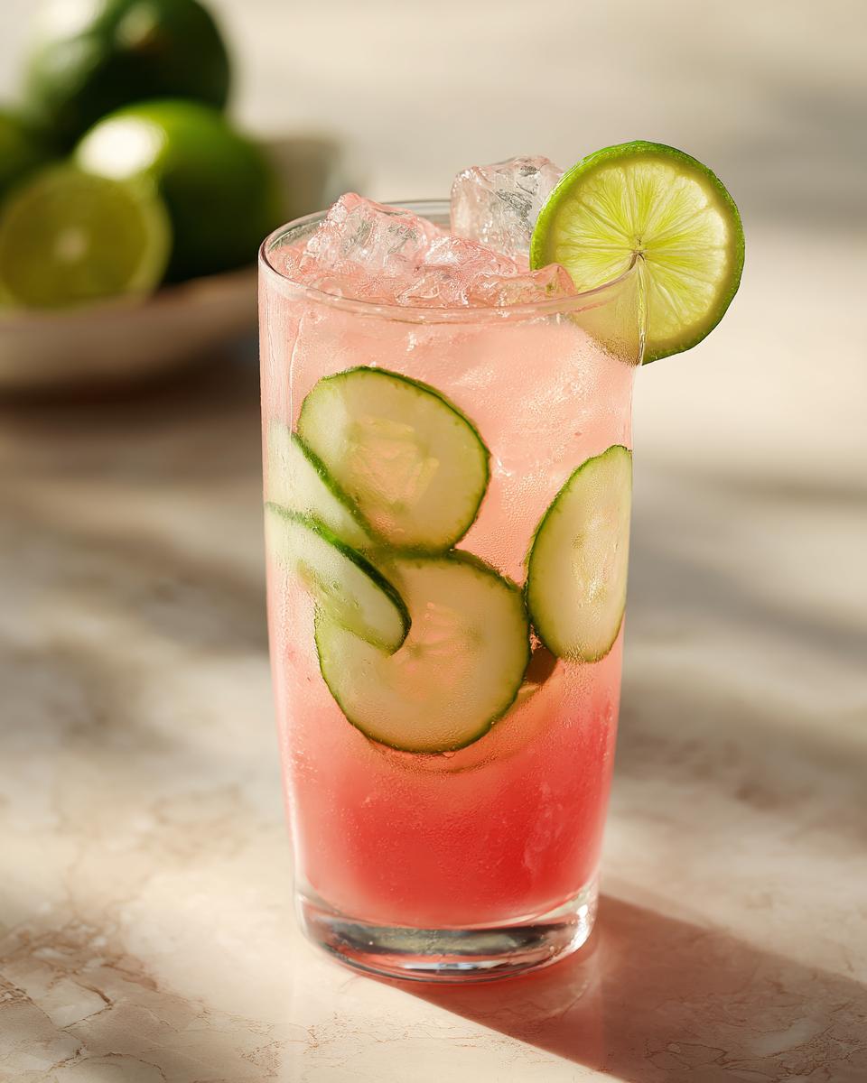 A tall glass filled with pink Watermelon Cucumber Agua Fresca, ice, cucumber slices, and a lime wedge.
