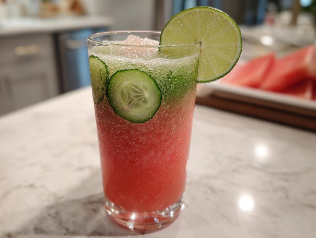 A tall glass filled with vibrant Watermelon Cucumber Agua Fresca, garnished with cucumber slices and a lime wedge.