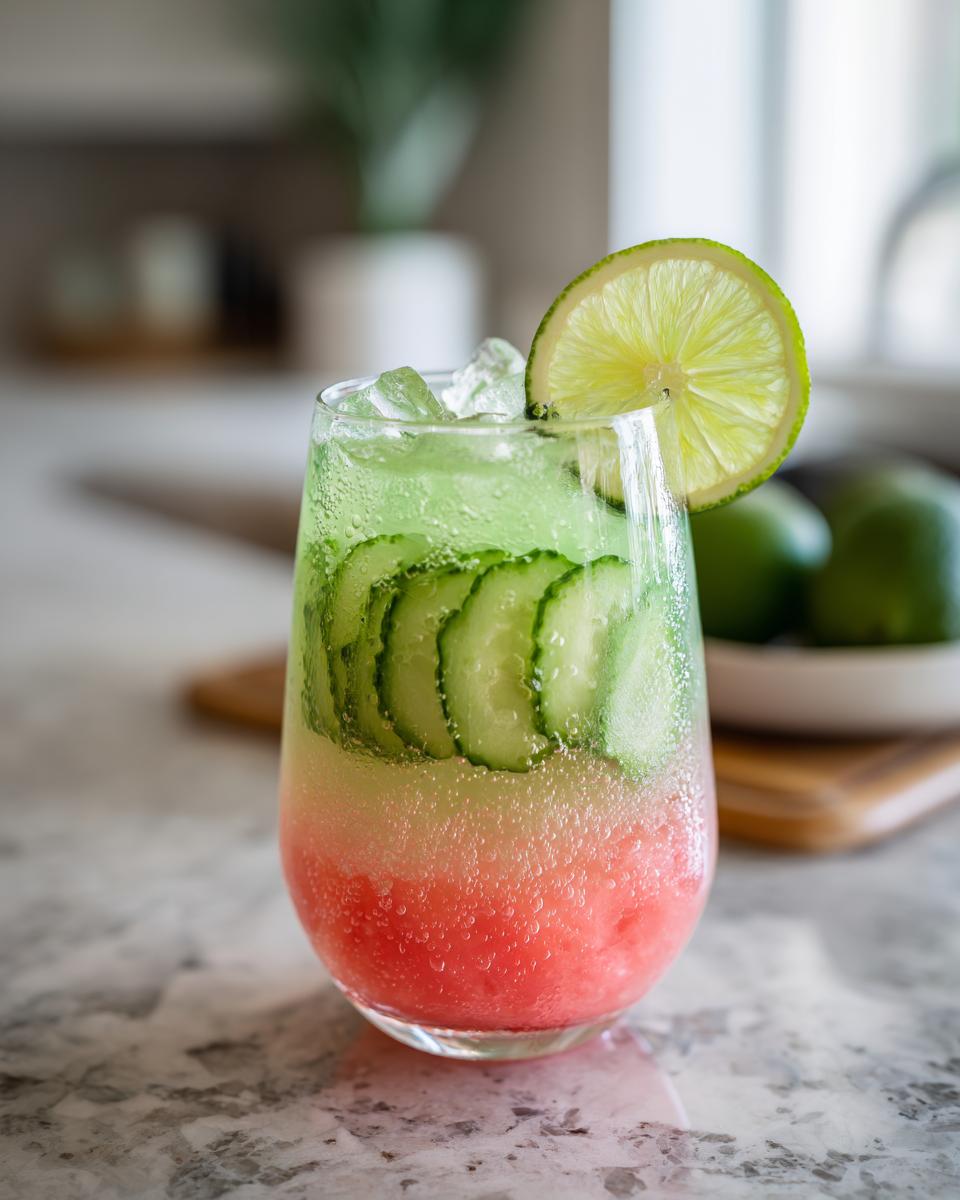 A tall glass filled with watermelon cucumber agua fresca, layered with ice, cucumber slices, and a lime wedge garnish.