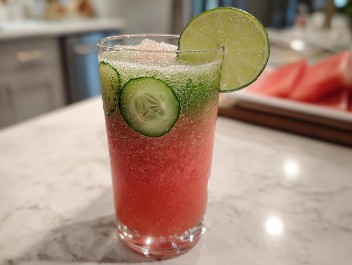 A tall glass filled with vibrant Watermelon Cucumber Agua Fresca, garnished with cucumber slices and a lime wedge.