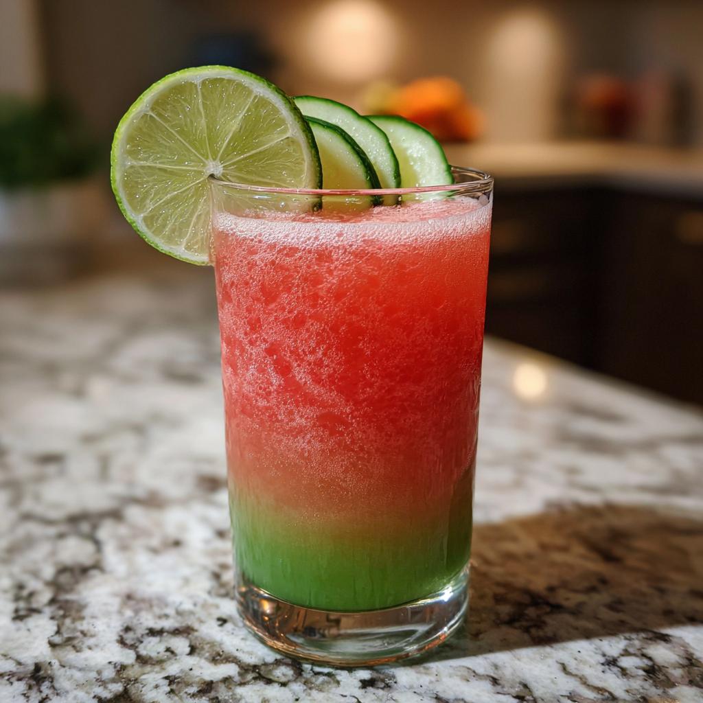A tall glass of layered Watermelon Cucumber Agua Fresca, garnished with lime and cucumber slices.