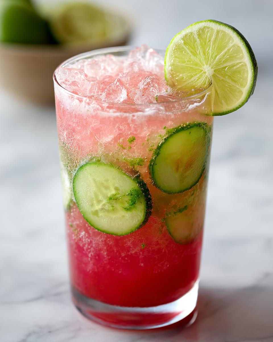A tall glass filled with pink Watermelon Cucumber Agua Fresca, crushed ice, cucumber slices, and a lime wedge garnish.