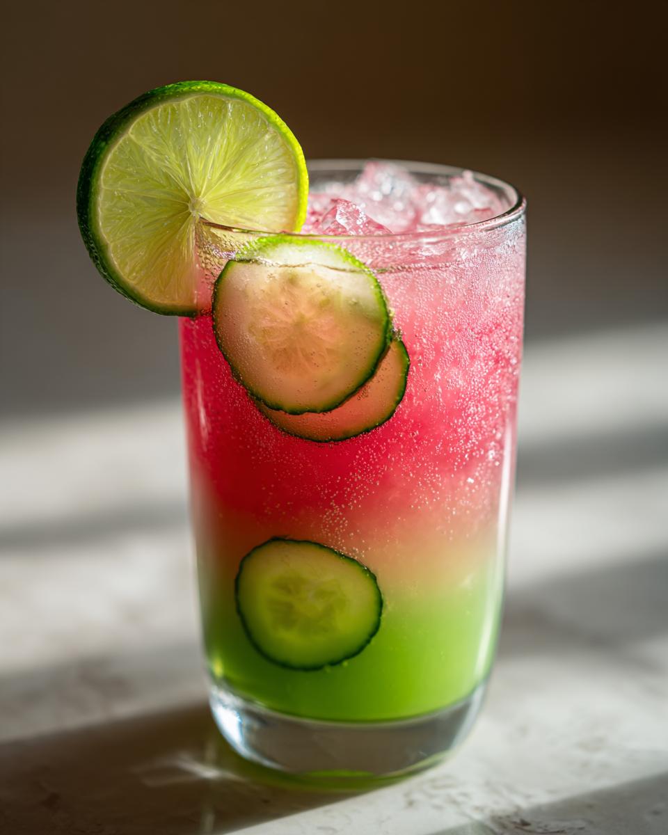 A refreshing Watermelon Cucumber Agua Fresca garnished with lime and cucumber slices, perfect for backyard parties.