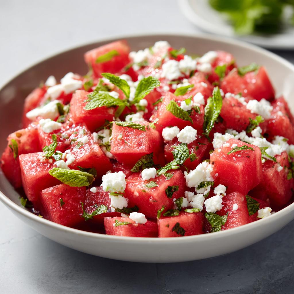 Close-up of a refreshing Watermelon Feta Mint Salad, perfect for hot summer days.