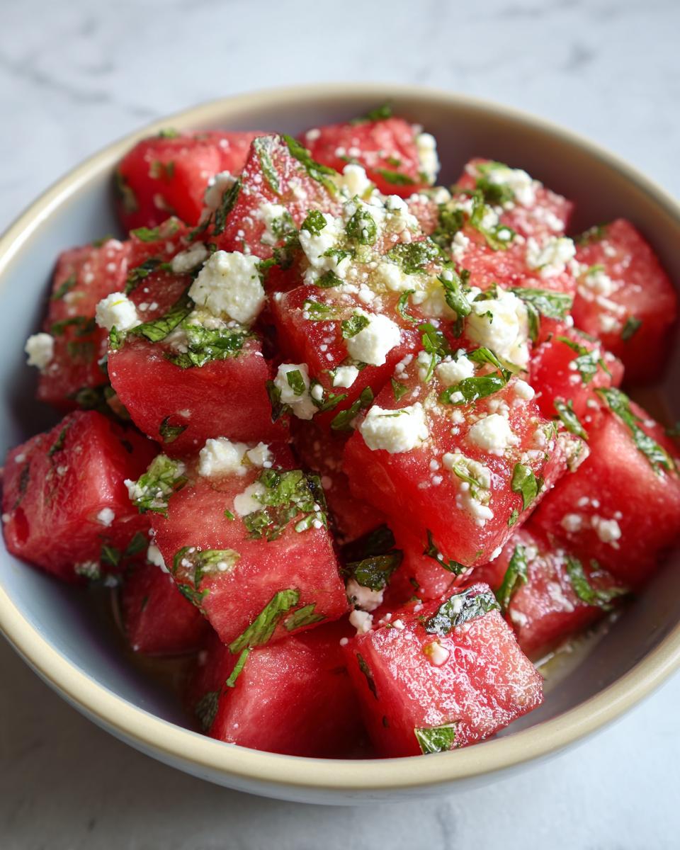 Close-up of a bowl filled with cubed watermelon, feta cheese, and fresh mint, a perfect watermelon recipe for summer.