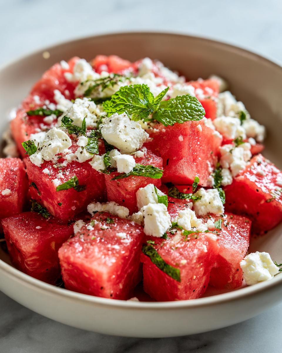 Close-up of a refreshing Watermelon Recipes With Feta Mint Salad, featuring cubed watermelon, crumbled feta cheese, and fresh mint leaves.