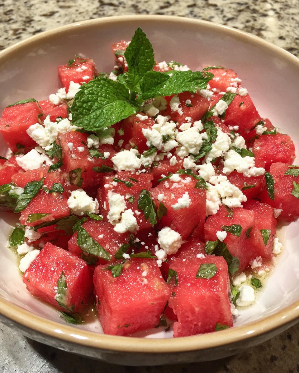 A refreshing watermelon salad with feta cheese and mint, perfect for hot summer days.