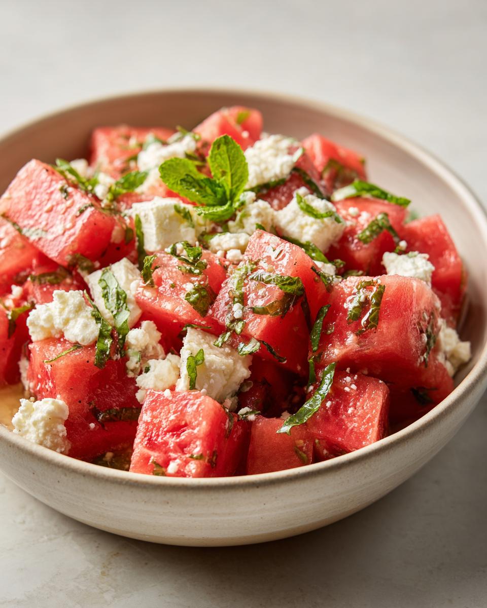 Close-up of a refreshing watermelon salad with feta cheese and fresh mint, perfect for summer.