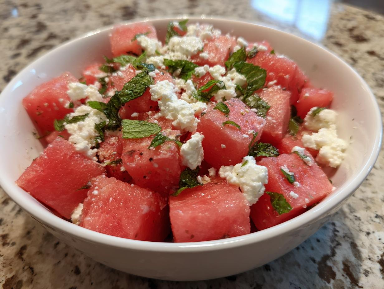 Close-up of a refreshing watermelon recipe with feta cheese and mint in a white bowl, perfect for summer.