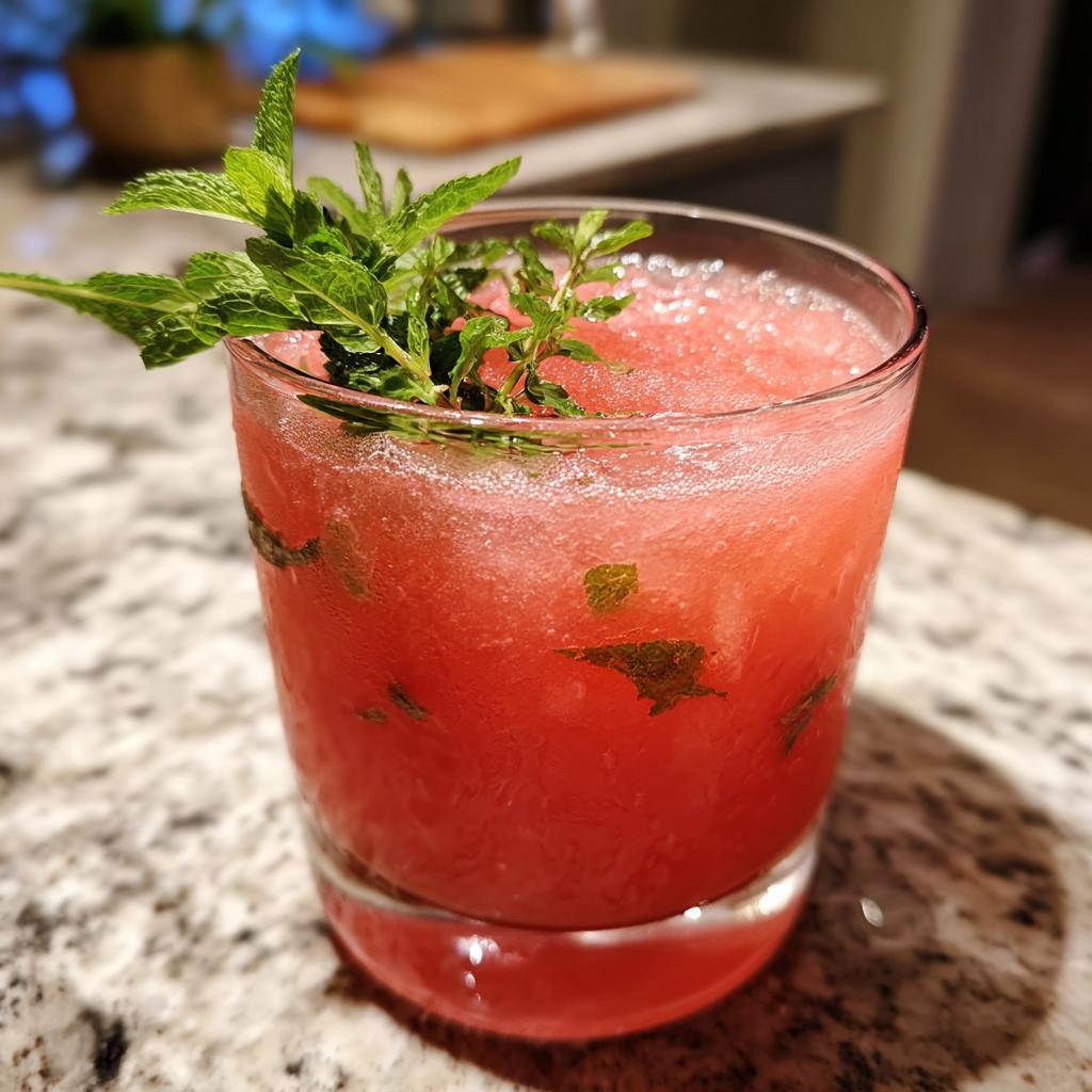 A close-up of a glass filled with icy watermelon lemonade, garnished with fresh mint leaves.